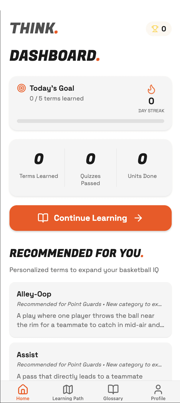 THINK. Basketball IQ app dashboard